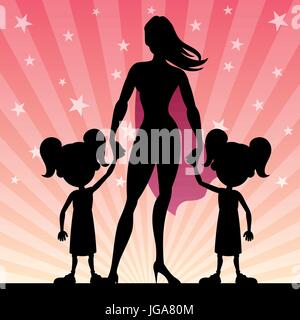 Super mom con il suo twin bambine. Illustrazione Vettoriale