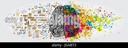 Sinistra Destra cervello umano concetto. Parte creativa e la parte logica con social e business doodle Illustrazione Vettoriale