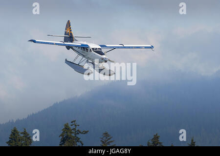 Porto aria turbo otter idrovolanti in Whistler insegne aria volando a bassa quota sopra foreste di boschi in British Columbia, Canada. Foto Stock