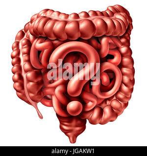 Domande di digestione come l'intestino umano e del colon conformata come un apparato gastrointestinale punto interrogativo come un simbolo per la colonscopia. Foto Stock