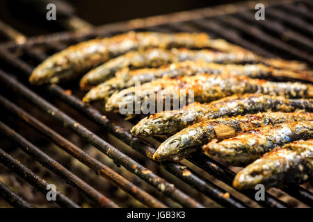 Appena sardine grigliate alla brace, Portogallo Foto Stock