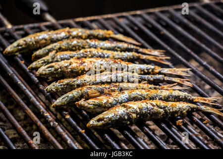 Appena sardine grigliate alla brace, Portogallo Foto Stock