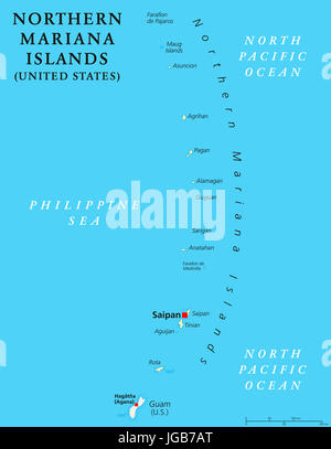 Isole Marianne Settentrionali mappa politico con capitale Saipan. Zona insulare e commonwealth degli Stati Uniti nell'Oceano Pacifico, a nord di Guam. Foto Stock
