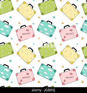 Cartoon carino seamless disegno vettoriale illustrazione dello sfondo con motivi geometrici valigia viaggio Illustrazione Vettoriale