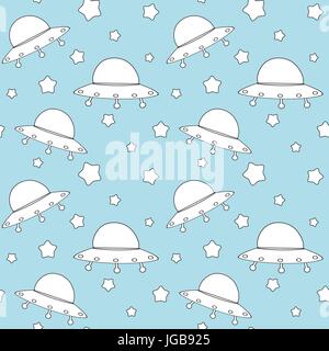 Cartoon carino in bianco e nero ufo e stelle su sfondo blu vettore perfetta illustrazione del modello Illustrazione Vettoriale