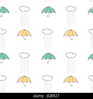 Carino disegnato a mano vettore seamless pattern illustrazione dello sfondo con i colori giallo e blu ombrello, nubi e pioggia Illustrazione Vettoriale