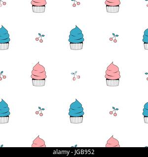 Carino blu e rosa cartoon cupcake piatto senza cuciture disegno vettoriale illustrazione dello sfondo Illustrazione Vettoriale