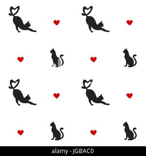 Silhouette di cute cats con cuori vettore seamless pattern illustrazione dello sfondo Illustrazione Vettoriale