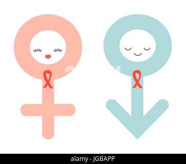 Cartoon carino sesso simboli con aids red ribbon concetto illustrazione vettoriale isolati su sfondo bianco Illustrazione Vettoriale