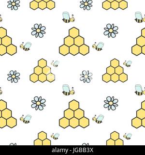 Cartoon carino seamless modello di vettore di sfondo con le api, favi e fiori a margherita Illustrazione Vettoriale