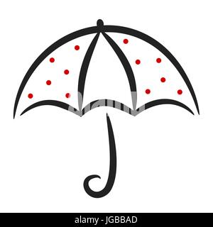 Carino bianco nero rosso vettore lineare ombrello con puntini rossi Illustrazione Vettoriale