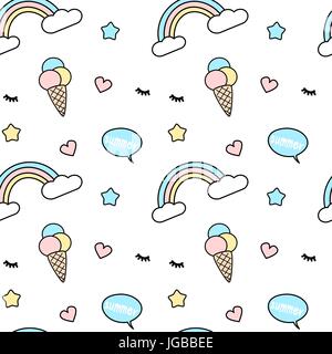 Carino colorato vettore seamless pattern illustrazione dello sfondo mix di arcobaleno, gelato, ciglia, cuore, star e discorso bolla con parola d'estate Illustrazione Vettoriale
