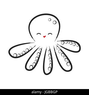 Carino bianco nero disegnato a mano lineare di polpo illustrazione vettoriale Illustrazione Vettoriale