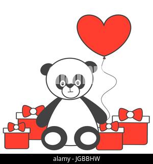 Cartoon carino grazioso panda con cuore palloncino e confezione regalo illustrazione vettoriale Illustrazione Vettoriale