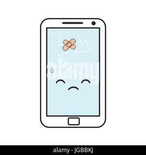Cartoon carino rotto e smartphone triste illustrazione vettoriale isolati su sfondo bianco Illustrazione Vettoriale