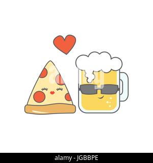 Cartoon carino la pizza e il bicchiere di birra in amore divertente illustrazione vettoriale Illustrazione Vettoriale