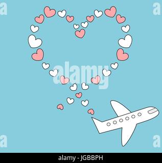 Cartoon aeroplano vola nel cielo blu e prendere forma di cuore romantico carino illustrazione vettoriale Illustrazione Vettoriale