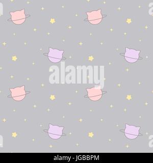 Cartoon carino cat pianeta nel cielo senza giunture disegno vettoriale illustrazione dello sfondo Illustrazione Vettoriale