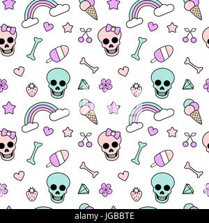 Carino colorato vettore seamless pattern illustrazione dello sfondo con teschi e le ossa, rainbow, gelato, cuori, stelle, fragole, fiori e cherrie Illustrazione Vettoriale