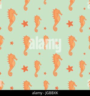 Orange cavallucci marini e stelle marine vettore seamless pattern illustrazione dello sfondo Illustrazione Vettoriale