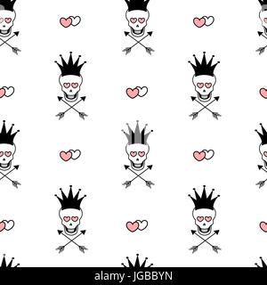 Bianco nero rosa vettore seamless pattern illustrazione dello sfondo con teschi con corone e cuori Illustrazione Vettoriale