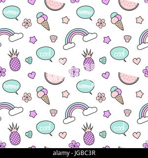 Carino colorato seamless pattern vettore sfondo con ananas, rainbow, discorso bolla, gelato, stelle, cuori, crostacei e fiore Illustrazione Vettoriale