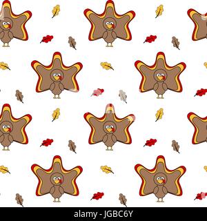 Cartoon carino turchia vettore seamless pattern illustrazione dello sfondo con foglie Illustrazione Vettoriale