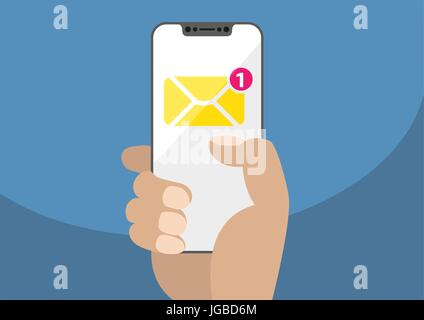 Icone di posta elettronica visualizzato sullo schermo a sfioramento della cornice moderna-free / smartphone prive di telaio. Illustrazione Vettoriale della mano che tiene lo smartphone utilizzando design piatto Illustrazione Vettoriale