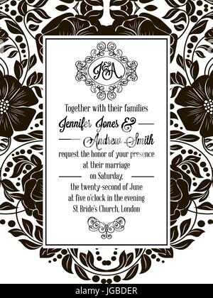 Eleganti volute floreali, lacy pattern ornato cornice, monogramma e luogo per il testo. Invito a nozze in classico stile formale in bianco e nero con fl Illustrazione Vettoriale