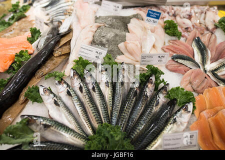 Pesce fresco sul display per la vendita in un supermercato pescivendoli store. Foto Stock
