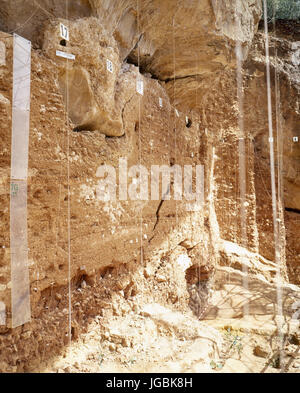 Il sito archeologico di Atapuerca. Trinchera del Ferrocarril. I livelli archeologici. Provincia di Burgos. Castiglia e Leon. Spagna. Foto Stock