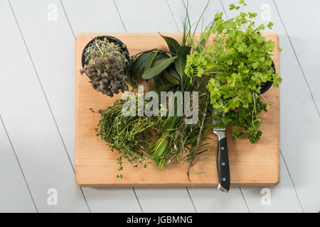 Le erbe fresche su di un tagliere Foto Stock