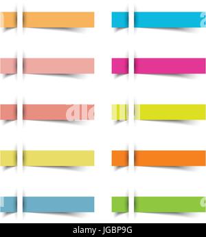 10 vuoto colorati sharp rettangoli sticky notes inserito per un libro bianco con ombra. utile per memo business, istruzione, la scheda Notifiche. Illustrazione Vettoriale