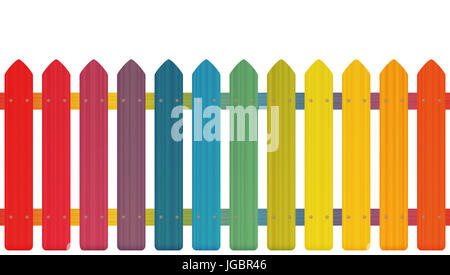Color arcobaleno Picket Fence con texture in legno, seamless estendibile per infinite pattern - illustrazione su sfondo bianco. Foto Stock