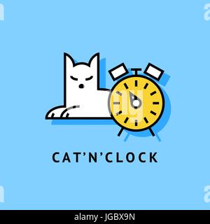 Vettore digitale di colore blu e giallo gatto pigro seduta con orologio, disegnato a linea semplice Arte, Stile piatto Illustrazione Vettoriale