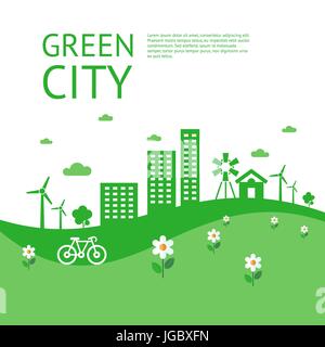 Vettore digitale città verde ecologia icone disegnata con linea semplice info di arte grafica, presentazione con riciclo, mulini a vento e alternativa elementi di energia Illustrazione Vettoriale