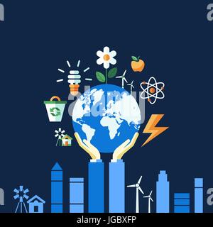 Vettore digitale ecologia blu icone disegnata con linea semplice info di arte grafica, mano che tiene il pianeta terra, presentazione con riciclo, energia alternativa el Illustrazione Vettoriale