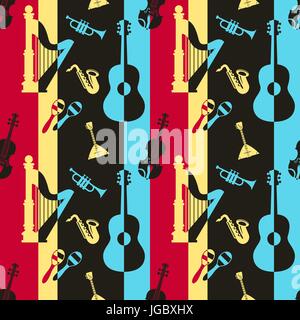 Vettore digitale giallo rosso strumenti musicali icone disegnata con linea semplice info di arte grafica, seamless pattern, presentazione con chitarra, tamburi un Illustrazione Vettoriale