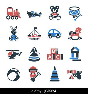 Vettore digitale nero rosso giocattoli per i bambini le icone con disegnato a linea semplice info di arte grafica, presentazione con orso, piano e bunny gli elementi intorno a te promo Illustrazione Vettoriale