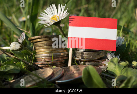 Bandiera austriaca con la pila di denaro monete con erba e fiori Foto Stock