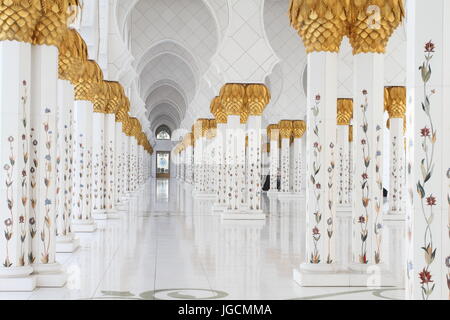 Abu Dhabi Abu Dhabi, Cina. 6 Luglio, 2017. Sheikh Zayed grande moschea si trova ad Abu Dhabi la città capitale degli Emirati Arabi Uniti ed è considerata essere la chiave del sito per il culto nel paese. Il design della moschea è stato fatto da un architetto siriano chiamato Yousef Abdelky. Credito: SIPA Asia/ZUMA filo/Alamy Live News Foto Stock