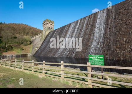 Il vecchio segno sotto la diga a Derwent serbatoio nel Peak District, Derbyshire, in Inghilterra. Foto Stock