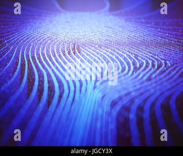 3D'illustrazione. Impronta in forma a labirinto, con codici binari in riferimento alle singole identità. Foto Stock