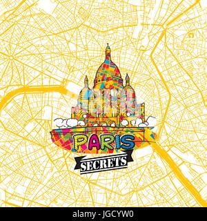 Parigi i segreti di viaggio Arte Mappa per la mappatura di esperti e guide di viaggio. Città fatti a mano il logo, typo di badge e disegnati a mano immagine vettoriale sulla parte superiore sono raggruppati e Illustrazione Vettoriale