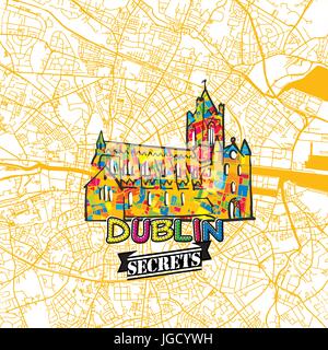 Dublino segreti di viaggio Arte Mappa per la mappatura di esperti e guide di viaggio. Città fatti a mano il logo, typo di badge e disegnati a mano immagine vettoriale sulla parte superiore sono raggruppati e Illustrazione Vettoriale