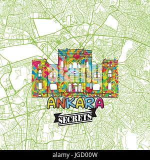 Ankara segreti di viaggio Arte Mappa per la mappatura di esperti e guide di viaggio. Città fatti a mano il logo, typo di badge e disegnati a mano immagine vettoriale sulla parte superiore sono raggruppati e Illustrazione Vettoriale