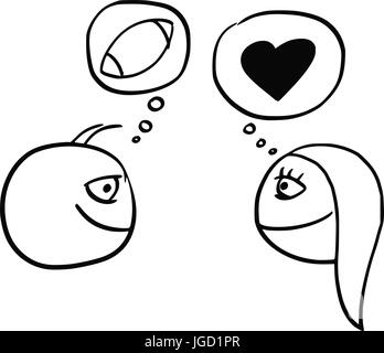 Cartoon il vettore di differenza tra uomo e donna pensando di calcio pallone da rugby e il simbolo del cuore di amore e di rapporto Illustrazione Vettoriale
