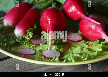 Il ravanello e foglie di lattuga giacciono su una piastra. Pulire i ravanelli preparato per uso alimentare. Foto Stock