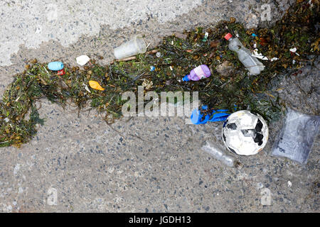 Rifiuti di plastica lavati fino a scivolo nel Regno Unito Foto Stock