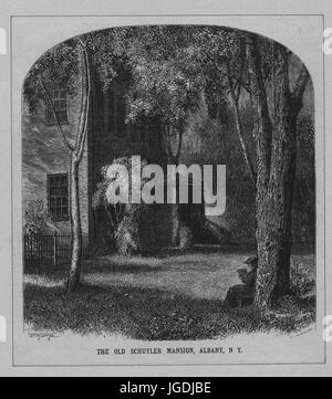 L'incisione della superficie esterna del Schuyler Mansion, che era stato costruito per Philip Schuyler che era un esercito continentale generale e negli Stati Uniti il senatore, in Albany, New York, 1836. Dalla Biblioteca Pubblica di New York. Foto Stock